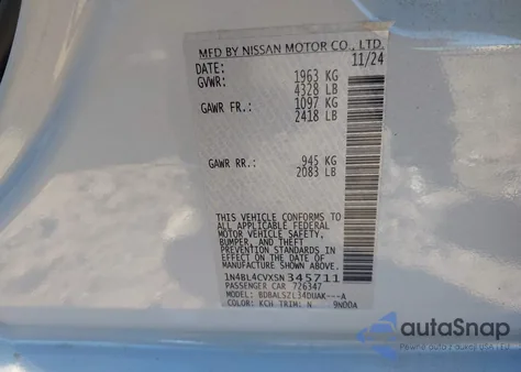 2025 Nissan Altima Sr Fwd z USA, uszkodzony, nr VIN 1N4BL4CVXSN345711